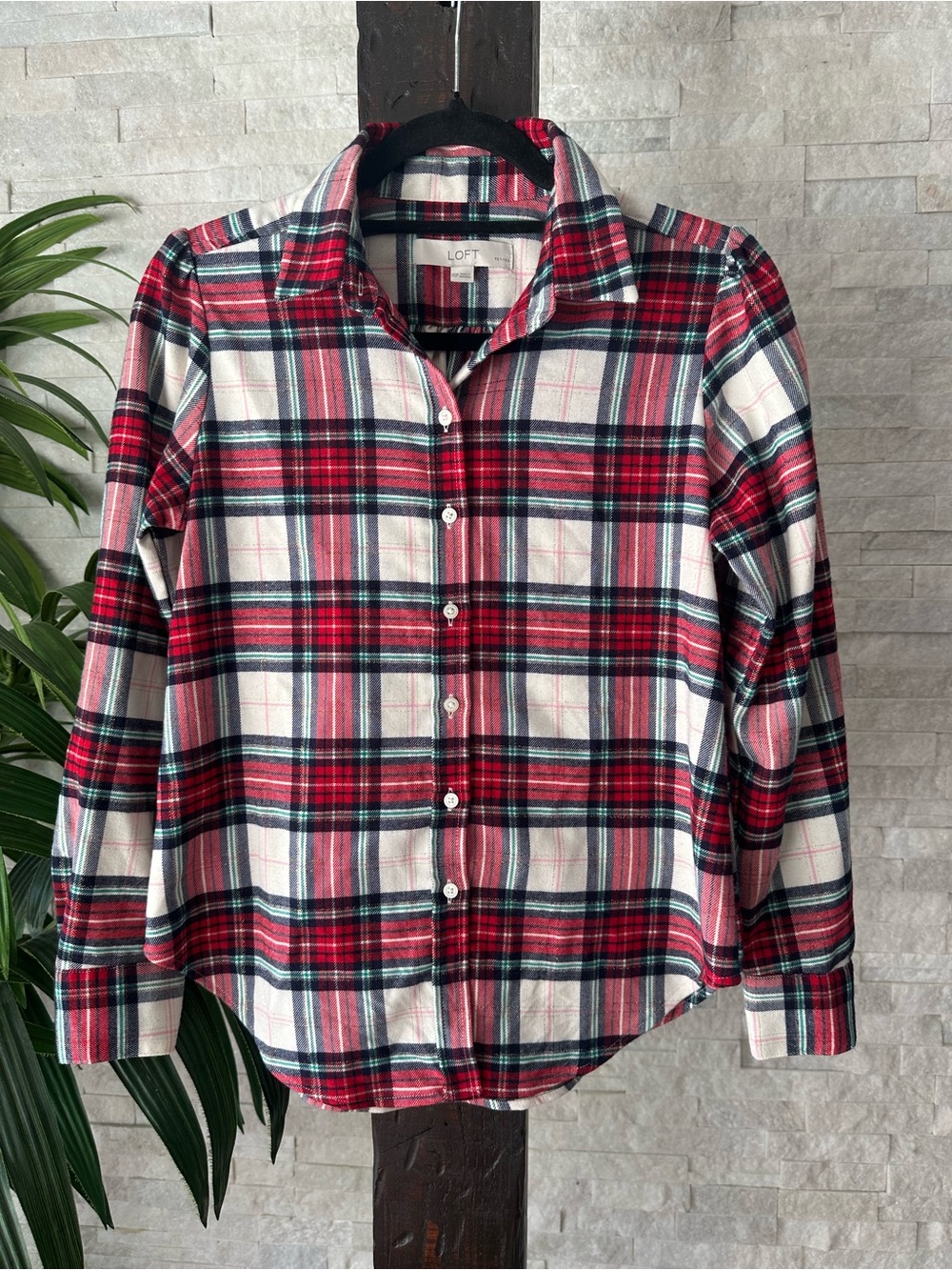 LOFT Red and White Holiday Plaid Flannel Button-Down Shirt Size XS Petite
